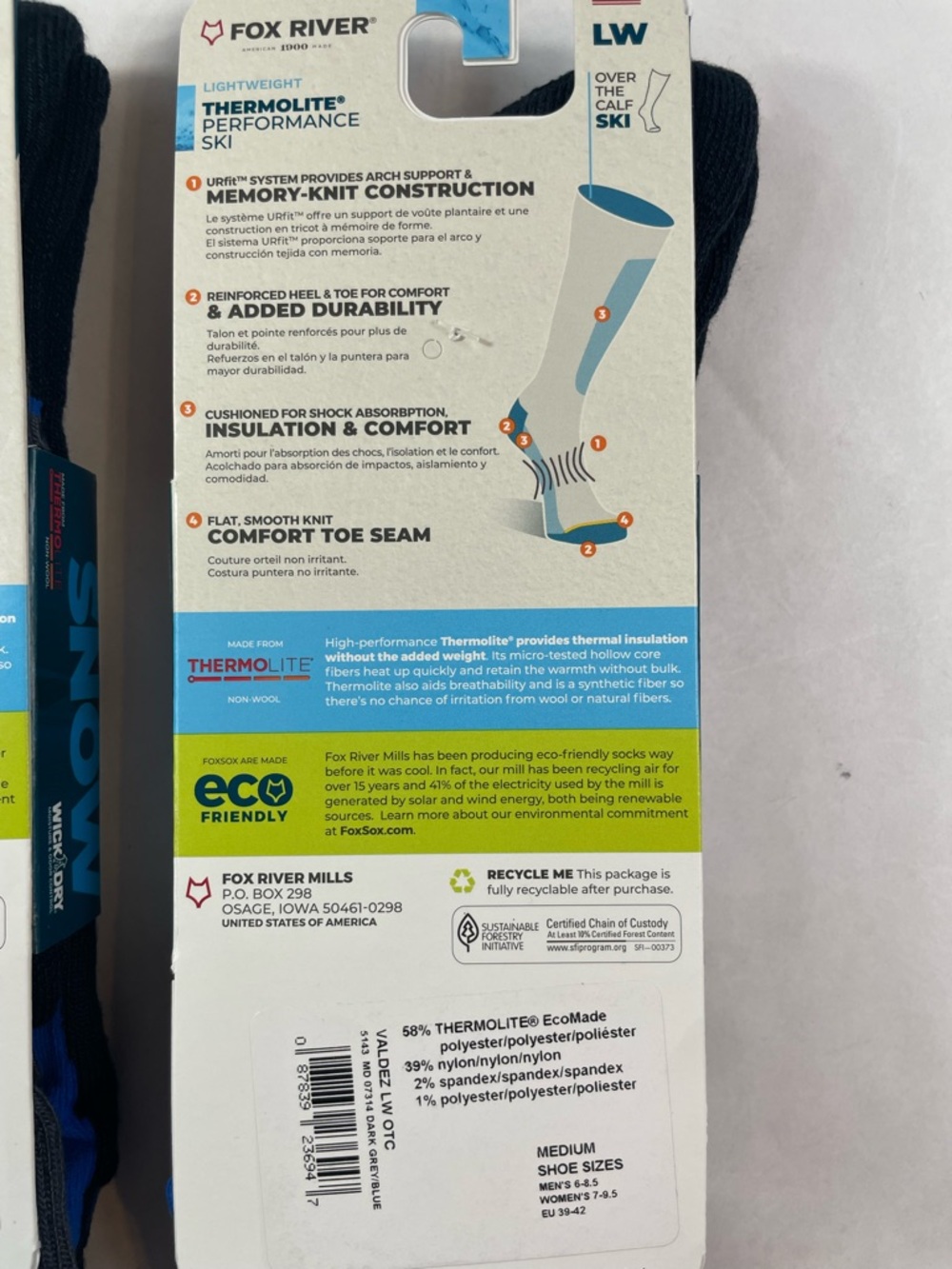 Fox River Socks 2-PACK Lightweight SNOW Thermolite Wick Dry Wool Sz Medium NWT - Picture 4 of 4